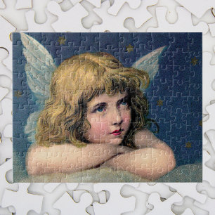 Vintage Christmas, Beautiful Angel with Gold Stars Jigsaw Puzzle