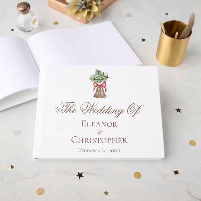 Vintage Christmas Bell Custom Holiday Wedding Guest Book (Front Open)