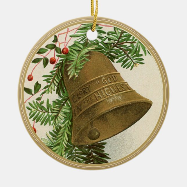Vintage Christmas Bell (Evergreen) Gold Ceramic Ornament (Front)