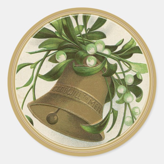 Vintage Christmas Bell (Mistletoe) Gold Classic Round Sticker (Front)