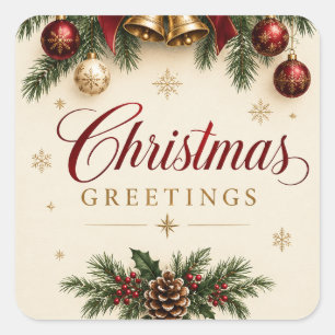Vintage Christmas Bell Pine Branch Christmas style Square Sticker