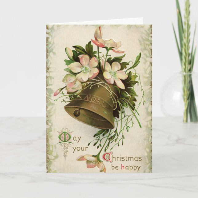 Vintage Christmas Bell (Pink Floral) Card (Front)