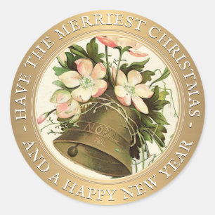 Vintage Christmas Bell (Pink Floral) Metallic Gold Classic Round Sticker