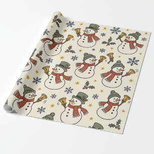 Vintage Christmas Bell Ringing Snowmen Holly Wrapping Paper