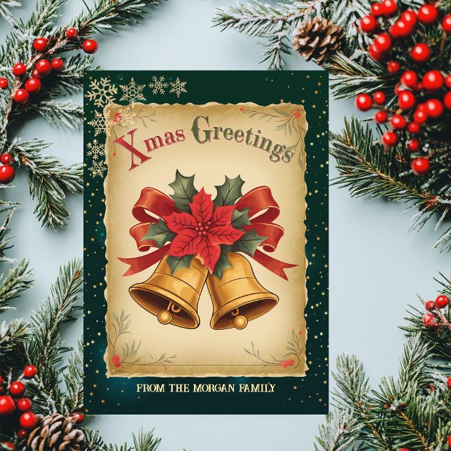 Vintage Christmas Bells Green Holiday Card (Creator Uploaded)