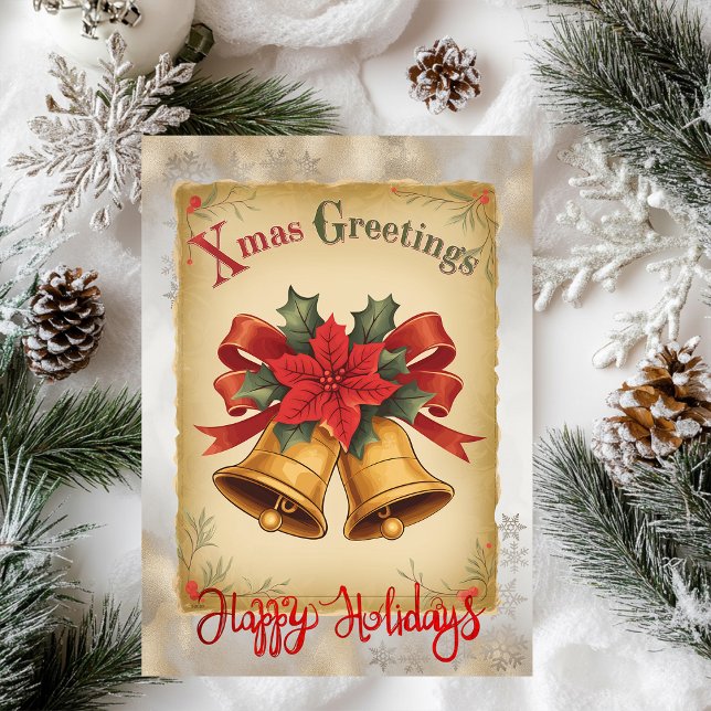 Vintage Christmas Bells Poinsettia Snowflakes  Holiday Card (Creator Uploaded)