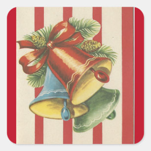Vintage Christmas Bells with Red And White Stripe Square Sticker