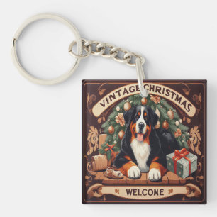 Vintage Christmas Bernese Mountain Dog Welcome Key Ring