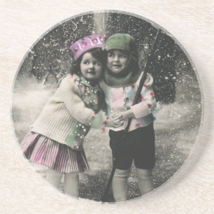 Vintage Christmas, Best Friends on Skis Coaster