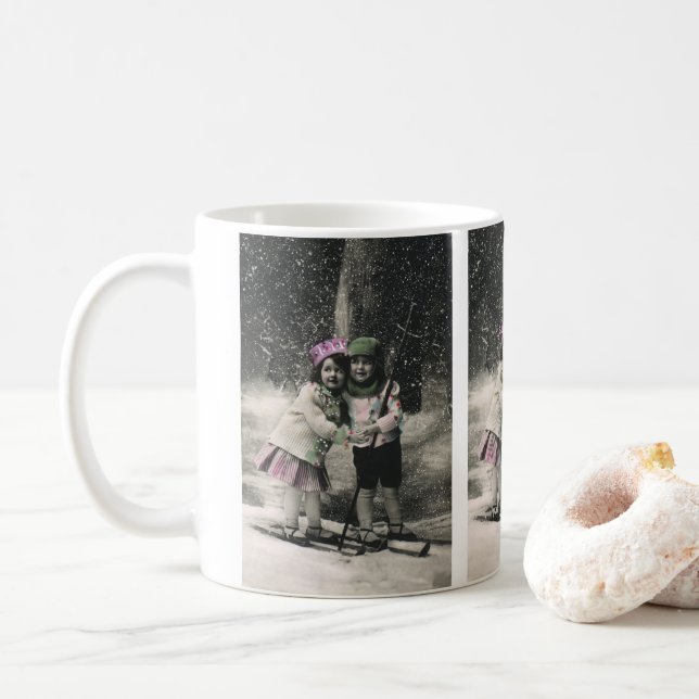 Vintage Christmas, Best Friends on Skis Coffee Mug (With Donut)