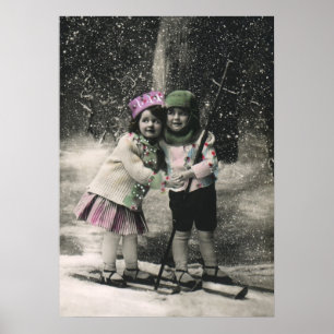 Vintage Christmas, Best Friends on Skis Poster
