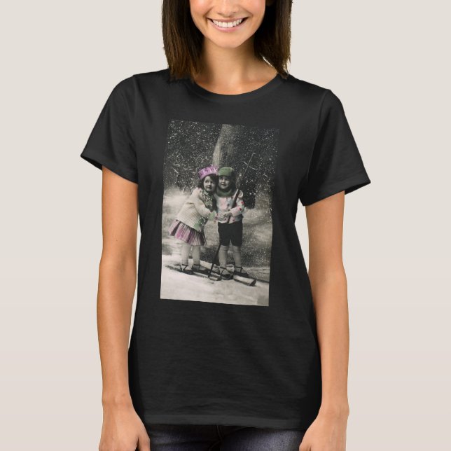 Vintage Christmas, Best Friends on Skis T-Shirt (Front)