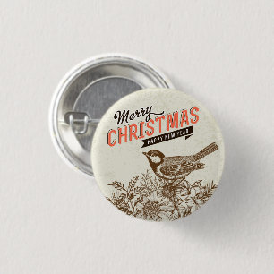 Vintage Christmas Bird and Flower 3 Cm Round Badge