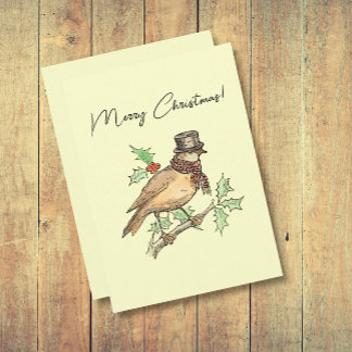 Vintage Christmas Bird on Holly Branch Holiday Card