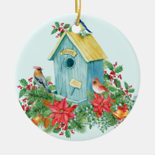 Vintage Christmas Birds and Berries Birdhouse Ceramic Ornament