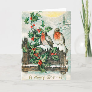 Vintage Christmas Birds and Holly Winter Snow Holiday Card