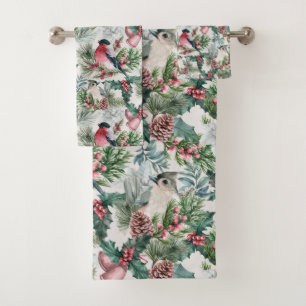 Vintage Christmas Birds and pines floral pattern Bath Towel Set