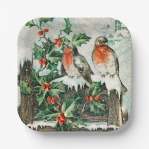 Vintage Christmas birds Holiday Paper Plate