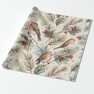 Vintage Christmas Birds - Holly and Robin Wrapping Paper