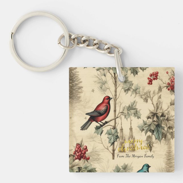 Vintage Christmas Birds Holly Berry Key Ring (Front)
