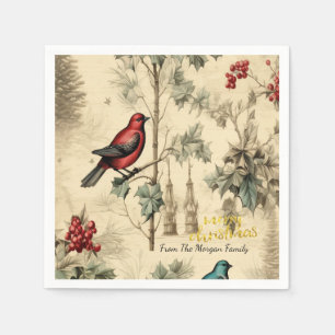 Vintage Christmas Birds Holly Berry Napkin