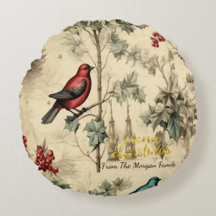 Vintage Christmas Birds Holly Berry Round Cushion