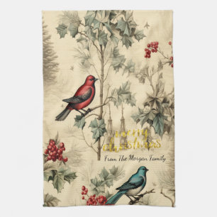 Vintage Christmas Birds Holly Berry Tea Towel