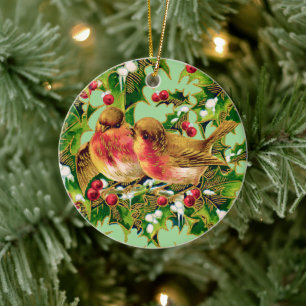 Vintage Christmas Birds Holly Faux Gold Ceramic Ornament