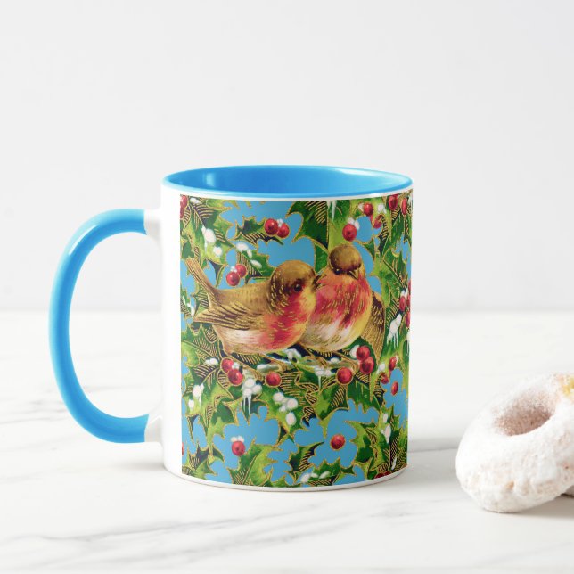 Vintage Christmas Birds Holly Faux Gold Pattern Mug (With Donut)