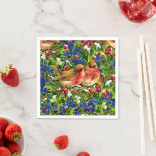 Vintage Christmas Birds Holly Faux Gold Pattern Napkin