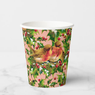 Vintage Christmas Birds Holly Faux Gold Pattern Paper Cups