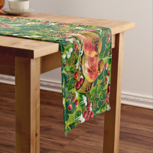 Vintage Christmas Birds Holly Faux Gold Pattern Short Table Runner