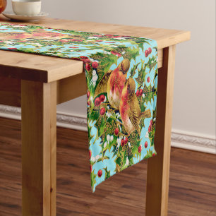 Vintage Christmas Birds Holly Faux Gold Pattern Short Table Runner