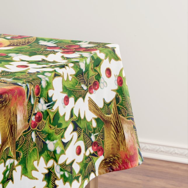 Vintage Christmas Birds Holly Faux Gold Pattern Tablecloth (In Situ)