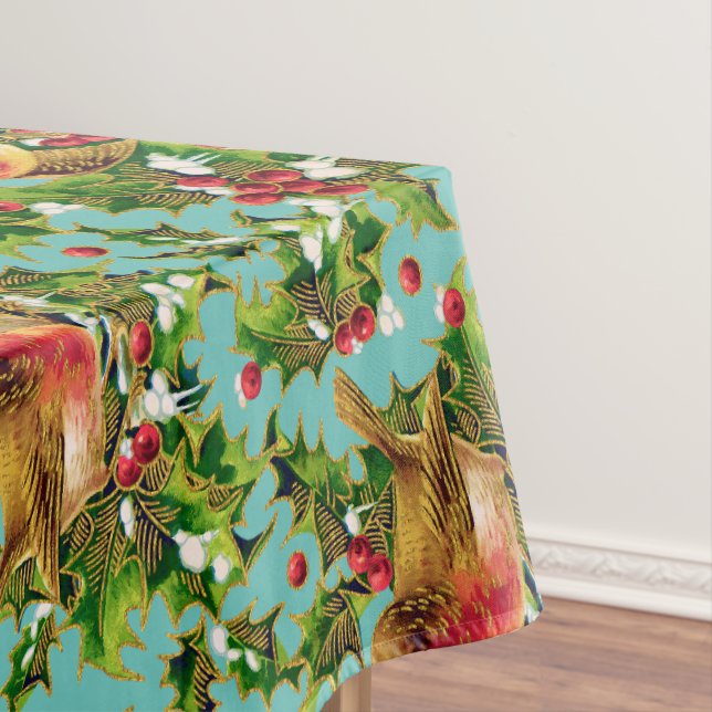 Vintage Christmas Birds Holly Faux Gold Pattern Tablecloth (In Situ)