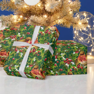 Vintage Christmas Birds Holly Faux Gold Pattern Wrapping Paper