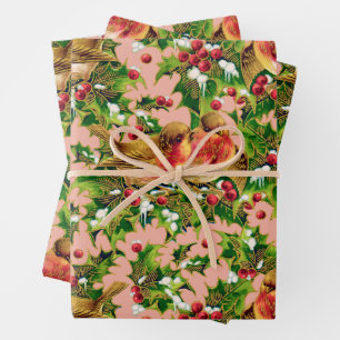 Vintage Christmas Birds Holly Faux Gold Pattern Wrapping Paper Sheet