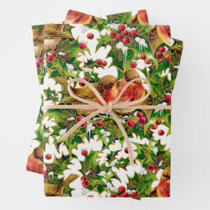 Vintage Christmas Birds Holly Faux Gold Pattern Wrapping Paper Sheet
