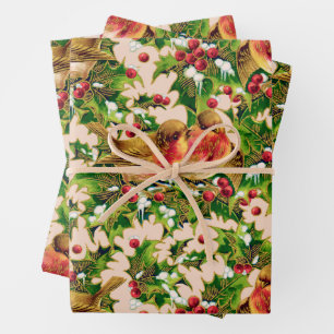 Vintage Christmas Birds Holly Faux Gold Pattern Wrapping Paper Sheet