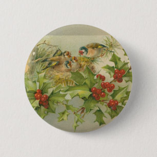 Vintage Christmas Birds Nest 6 Cm Round Badge