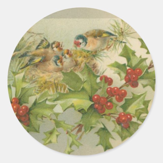 Vintage Christmas Birds Nest Classic Round Sticker (Front)