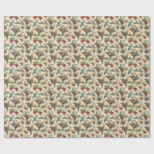 Vintage Christmas Birds Pine Branches Watercolor Wrapping Paper