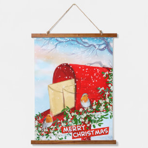 Vintage Christmas Birds Red Post Box Snowy Winter Hanging Tapestry