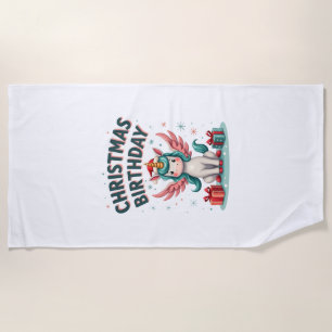 Vintage Christmas Birthday Girl Unicorn Cute Holid Beach Towel
