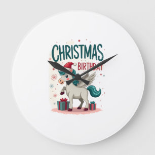 Vintage Christmas Birthday Girl Unicorn Cute Holid Large Clock