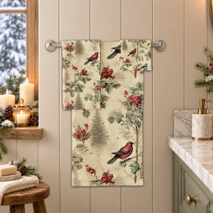 Vintage Christmas Blue Jay Red Mockingbird Bath Towel Set