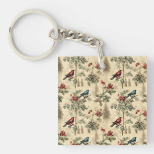 Vintage Christmas Blue Jay Red Mockingbird Key Ring