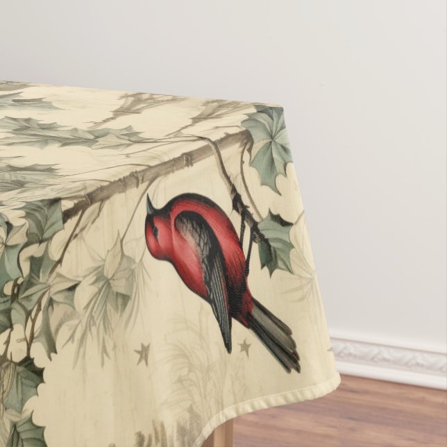 Vintage Christmas Blue Jay Red Mockingbird Tablecloth (In Situ)