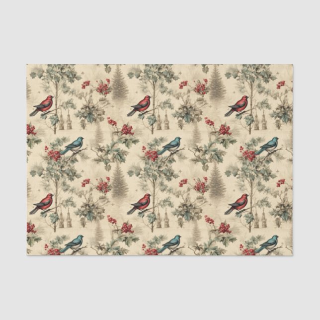 Vintage Christmas Blue Jay Red Mockingbird Tissue Paper (Front)