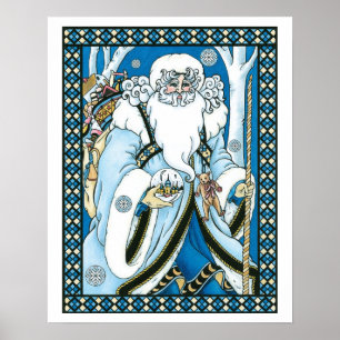 Vintage Christmas, Blue Santa Claus with Snowglobe Poster